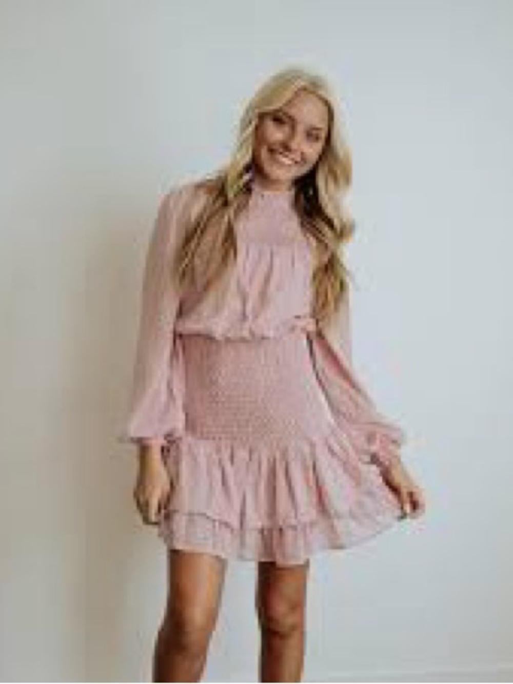 Fashion Nova. Light Pink Smocked Waist Ruffle Dress